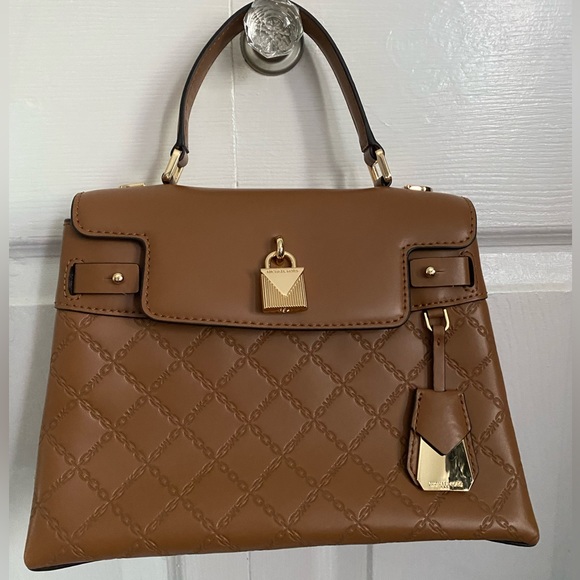 Michael Kors Gramercy Chain Embossed Leather Satchel Acorn Gold Bag - Picture 11 of 12